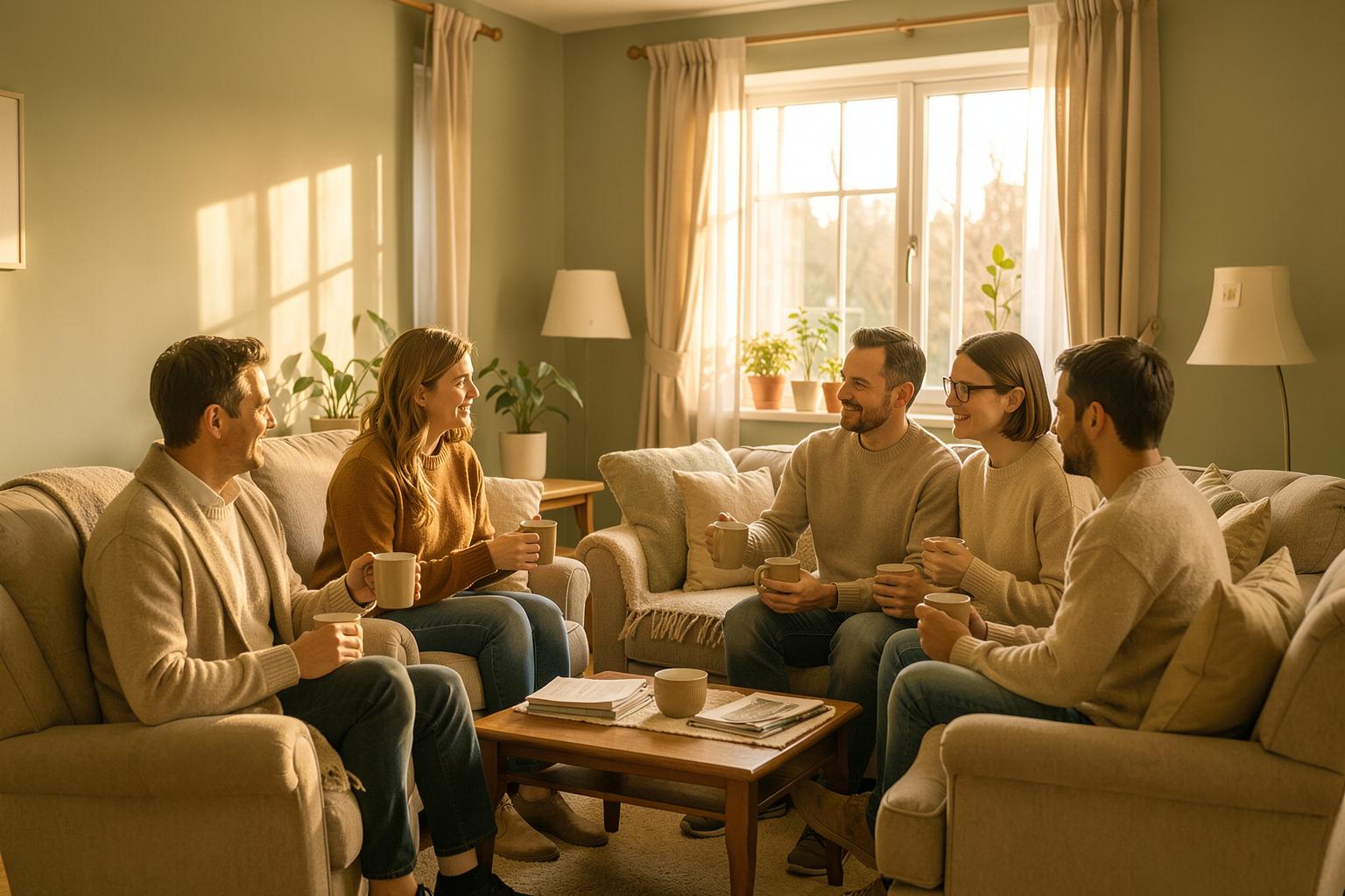 Residents in a supportive weekly meeting, seated together with coffee in the living room